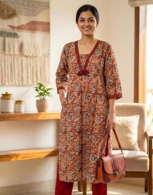 Red & Beige Printed Cotton Kalamkari Kurta