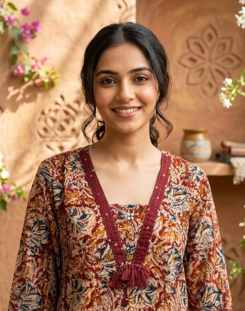 Red & Beige Printed Cotton Kalamkari Kurta