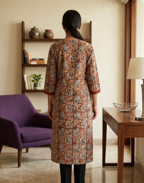 Red & Beige Printed Cotton Kalamkari Kurta