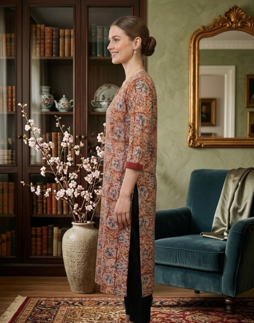 Red & Beige Printed Cotton Kalamkari Kurta