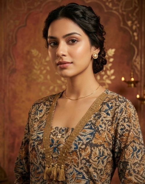 Green and Beige Printed Cotton Kalamkari Kurta