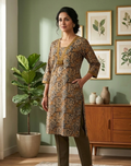 Green and Beige Printed Cotton Kalamkari Kurta