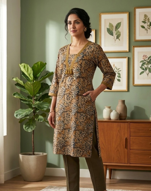 Green and Beige Printed Cotton Kalamkari Kurta