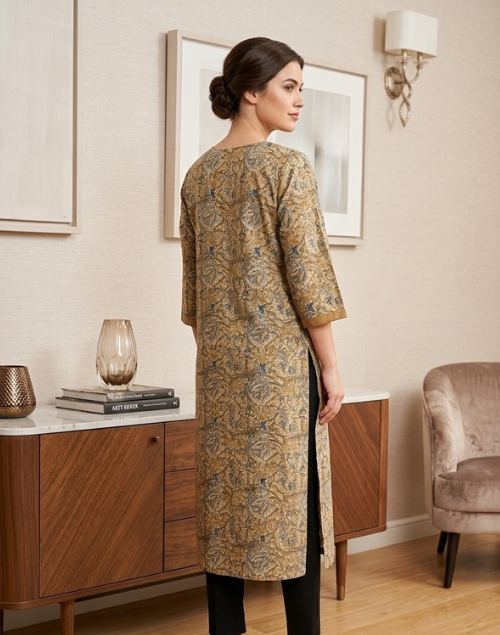 Green and Beige Printed Cotton Kalamkari Kurta