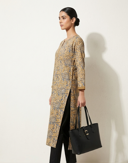Green and Beige Printed Cotton Kalamkari Kurta