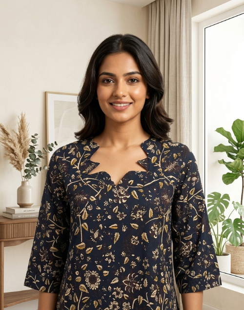 Deep Blue/Purple Printed Cotton Kalamkari Kurta