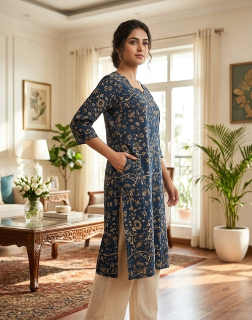 Deep Blue/Purple Printed Cotton Kalamkari Kurta