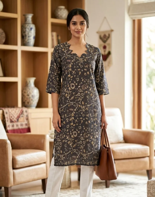 Deep Blue/Purple Printed Cotton Kalamkari Kurta