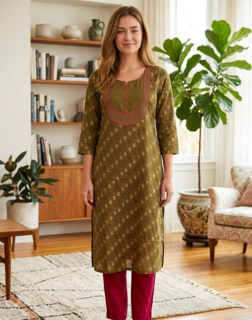 Green Printed Cotton Kurta