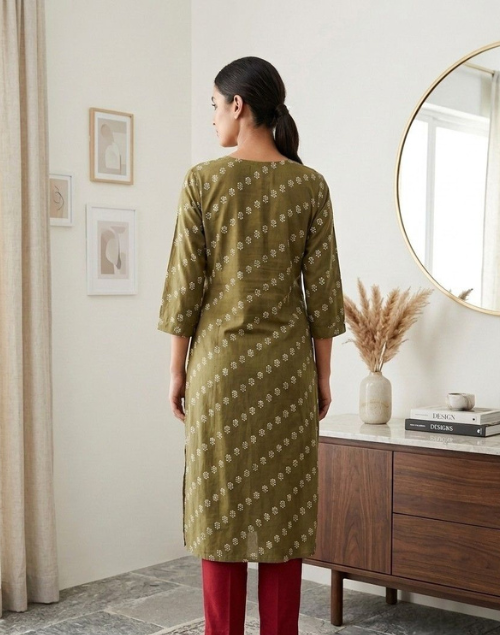Green Printed Cotton Kurta