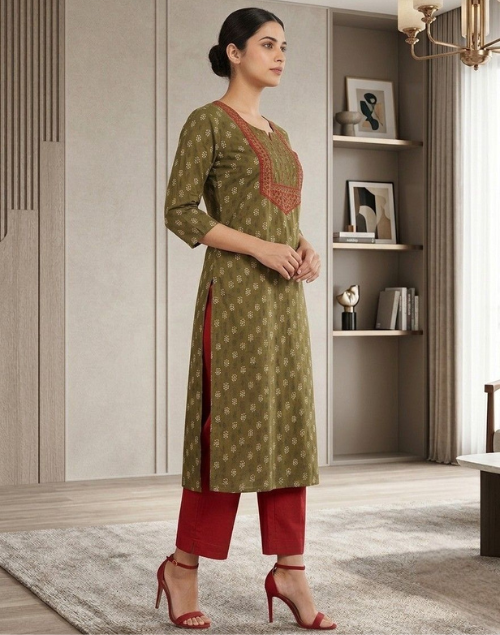 Green Printed Cotton Kurta