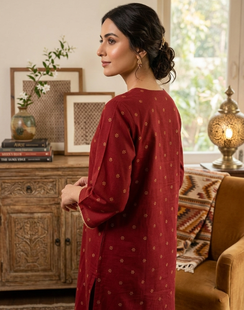 Maroon Red Cotton Kurta Pant Set