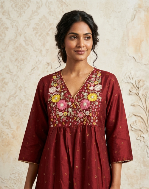 Maroon Red Cotton Kurta Pant Set