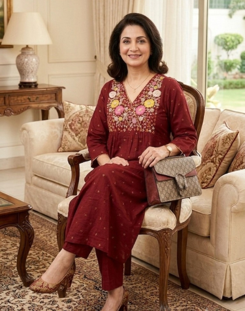 Maroon Red Cotton Kurta Pant Set