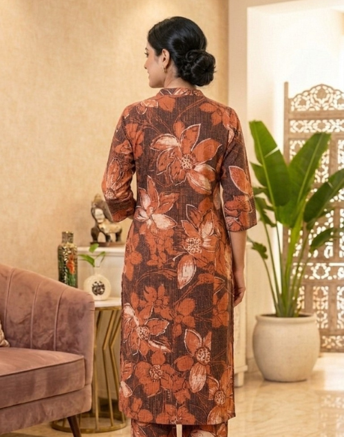 Brown & Orange Printed Cotton Kurta Pant Set