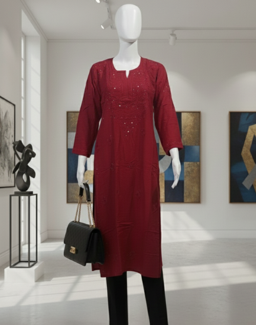 Maroon Modal Silk Chikankari Kurta