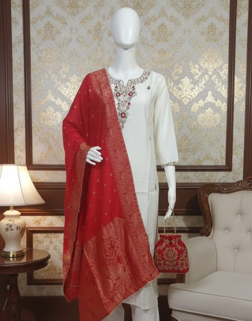 Red & White Vartican Silk Kurta Pant & Dupatta Set