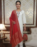 Red & White Vartican Silk Kurta Pant & Dupatta Set