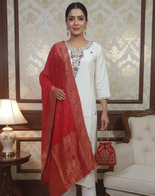 Red & White Vartican Silk Kurta Pant & Dupatta Set