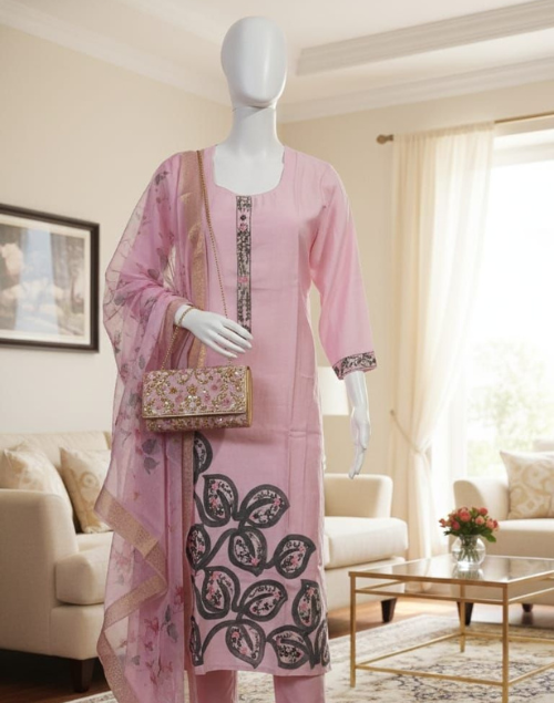 Baby Pink Roman Silk Kurta Pant & Dupatta Set