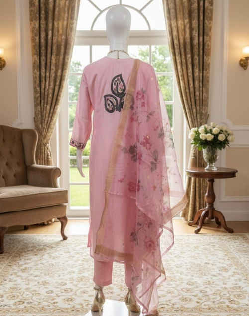 Baby Pink Roman Silk Kurta Pant & Dupatta Set