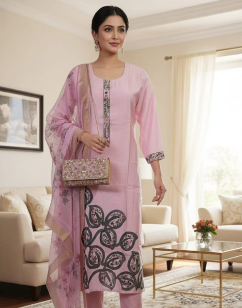 Baby Pink Roman Silk Kurta Pant & Dupatta Set