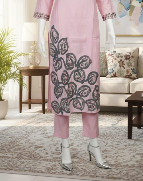 Baby Pink Roman Silk Kurta Pant & Dupatta Set