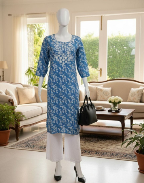 Blue & White Rayon Printed Kurta Pant Set
