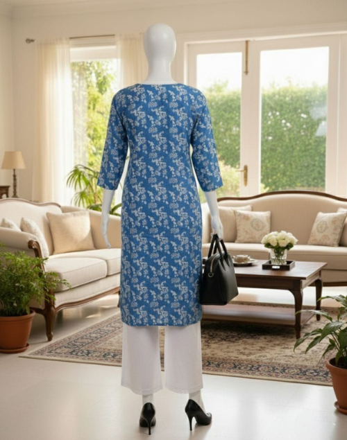 Blue & White Rayon Printed Kurta Pant Set