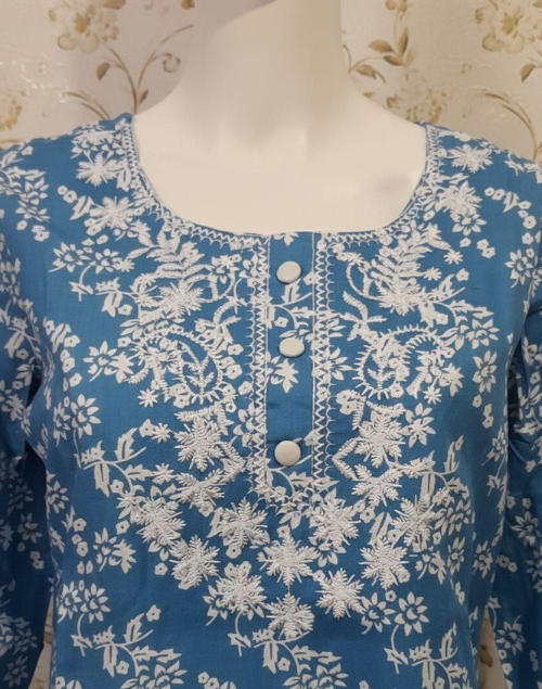 Blue & White Rayon Printed Kurta Pant Set