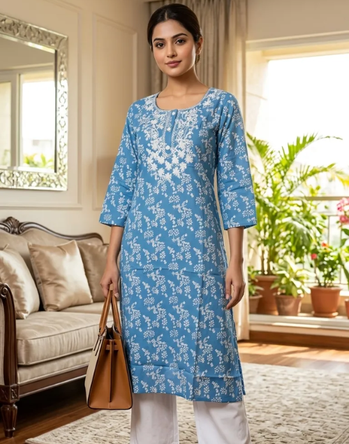 Blue & White Rayon Printed Kurta Pant Set