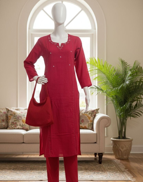 Dark Pink Cotton Kurta Pant Set
