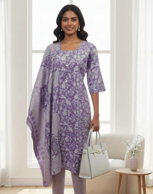 Mauve Printed Kurta Pant & Dupatta Set