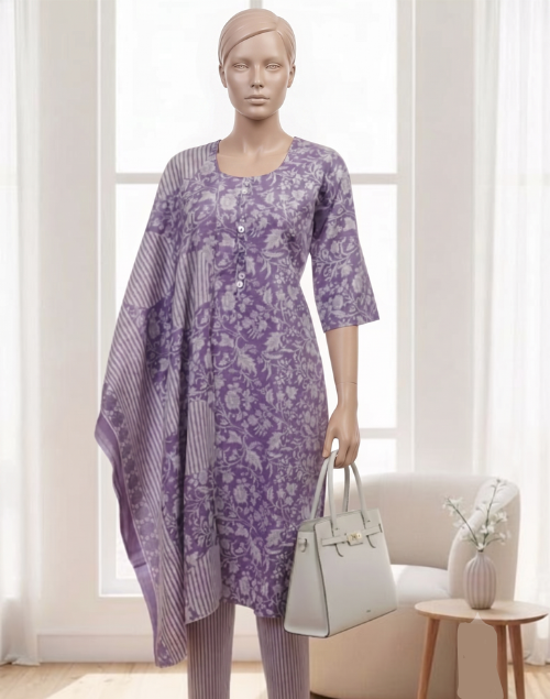 Mauve Printed Kurta Pant & Dupatta Set