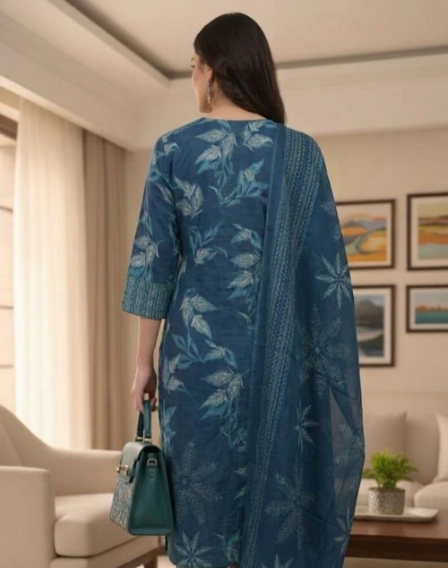 Peacock Blue Printed Cotton Kurta Pant & Dupatta Set