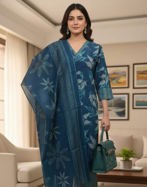 Peacock Blue Printed Cotton Kurta Pant & Dupatta Set