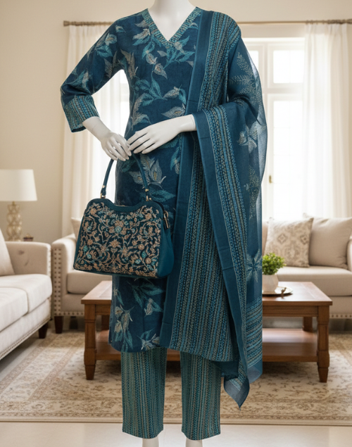Peacock Blue Printed Cotton Kurta Pant & Dupatta Set