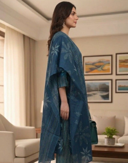 Peacock Blue Printed Cotton Kurta Pant & Dupatta Set