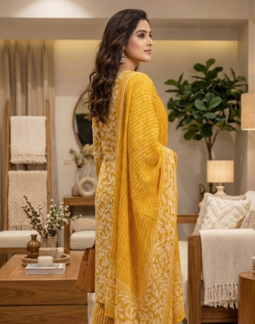 Mustard Yellow Printed Cotton Kurta Pant & Dupatta Set