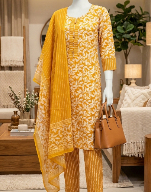 Mustard Yellow Printed Cotton Kurta Pant & Dupatta Set