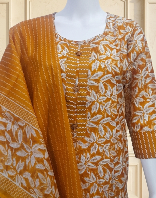 Mustard Yellow Printed Cotton Kurta Pant & Dupatta Set