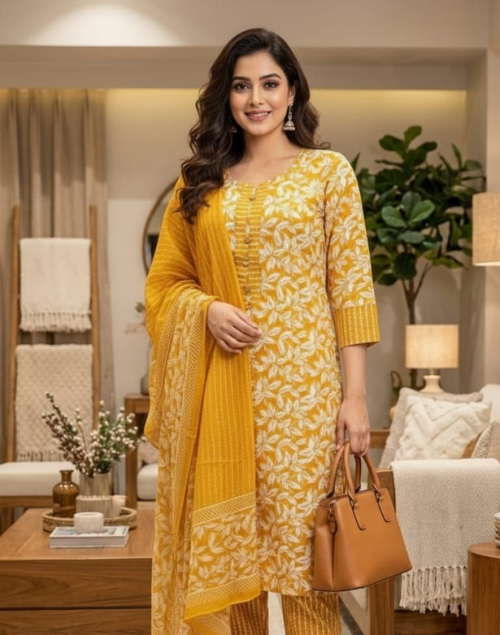 Mustard Yellow Printed Cotton Kurta Pant & Dupatta Set