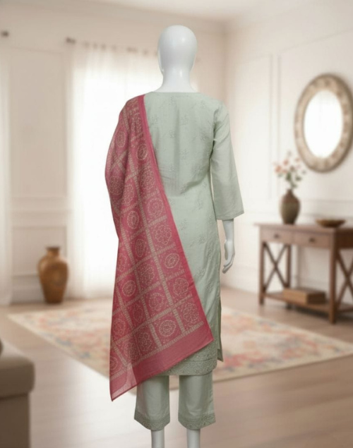 Light Pista Raw Silk Kurta Pant & Dupatta Set