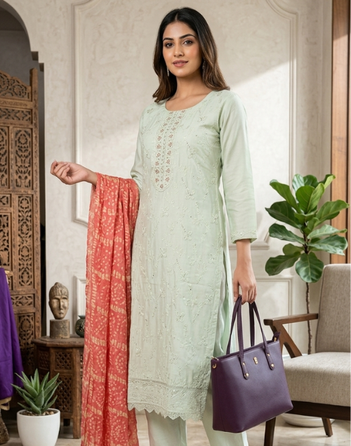 Light Pista Raw Silk Kurta Pant & Dupatta Set