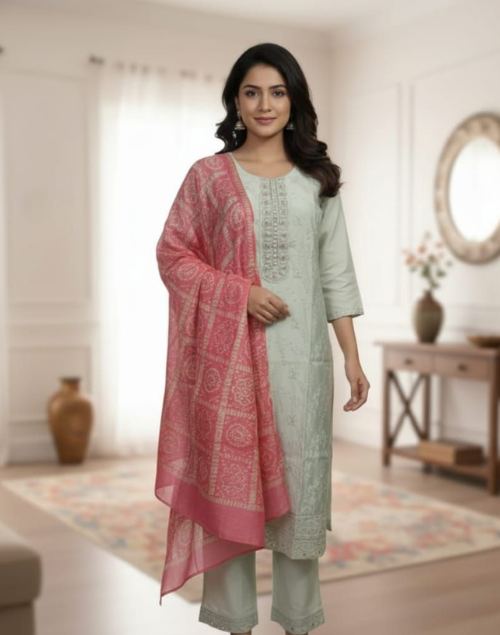 Light Pista Raw Silk Kurta Pant & Dupatta Set
