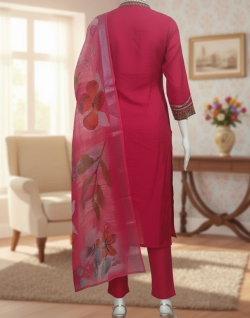 Red Raw Silk Kurta Pant & Dupatta Set