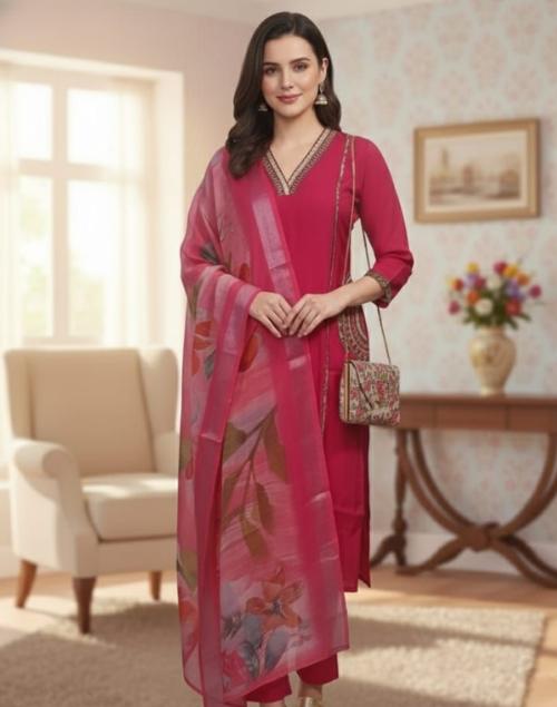 Red Raw Silk Kurta Pant & Dupatta Set