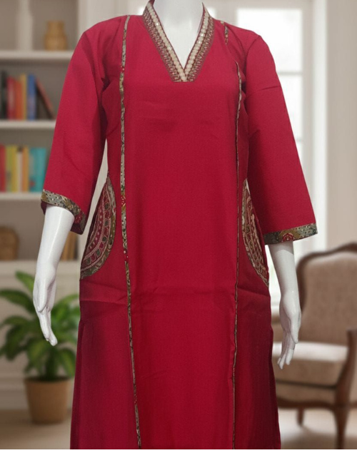 Red Raw Silk Kurta Pant & Dupatta Set