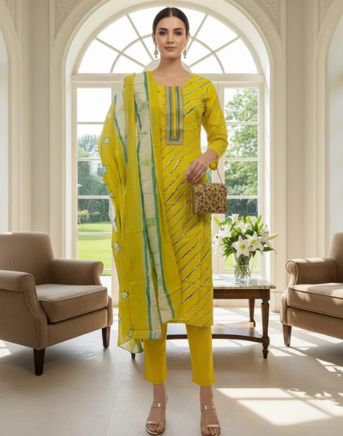 Yellow & Green Cotton Printed Kurta Pant & Dupatta Set