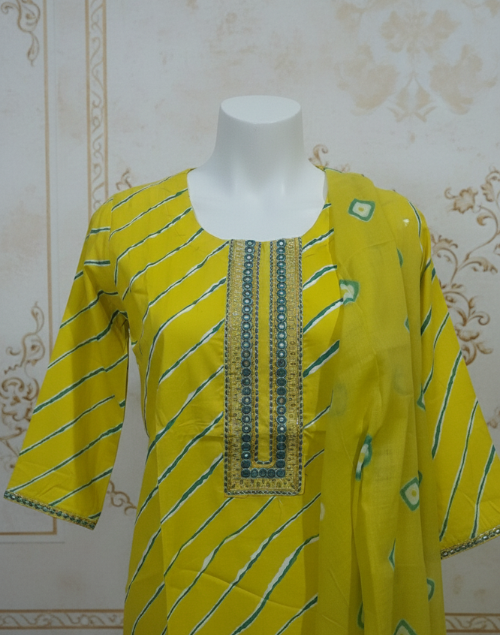 Yellow & Green Cotton Printed Kurta Pant & Dupatta Set